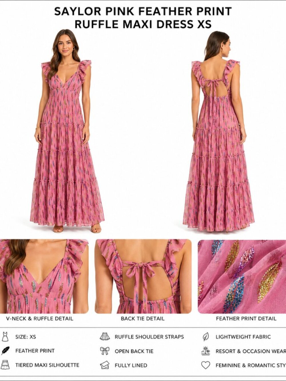 SAYLOR PINK FEATHER PRINT RUFFLE MAXI DRESS XS